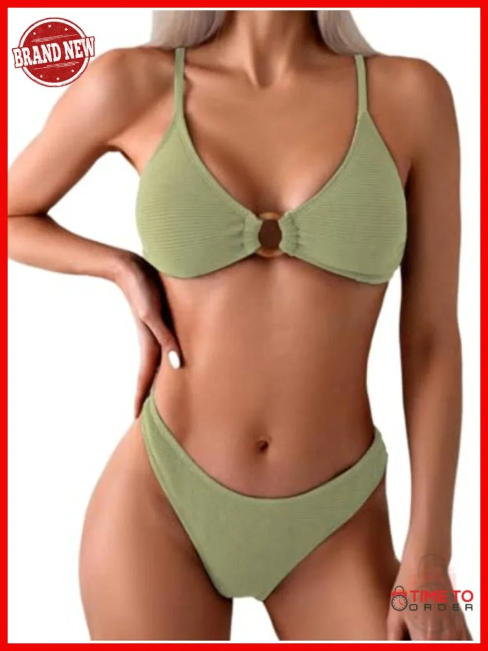 Sexy Triangle Bikini Set O Ring Linked Two Piece Swimsuits Textured Ruched
